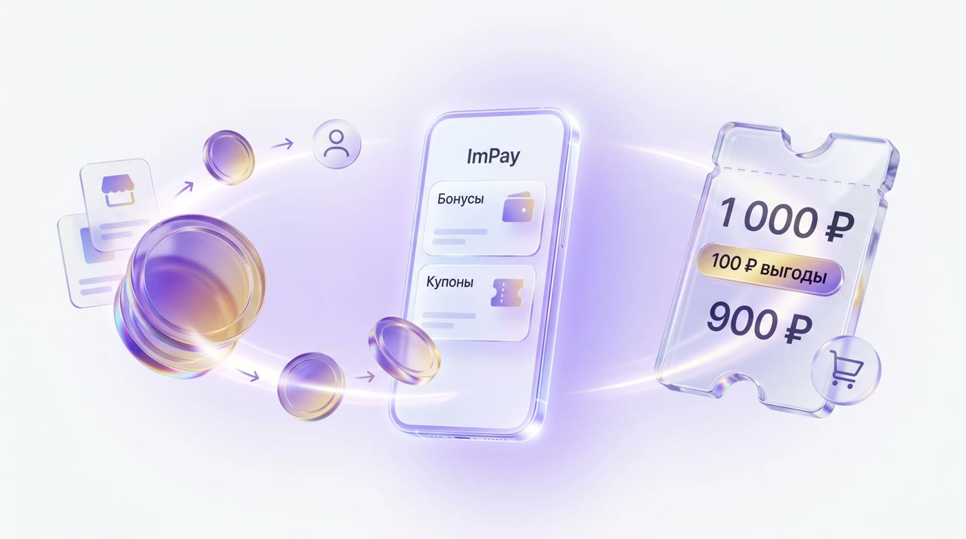 Смартфон с приложением ImPay: экран купона со скидкой на фоне монет и бонусных звёзд